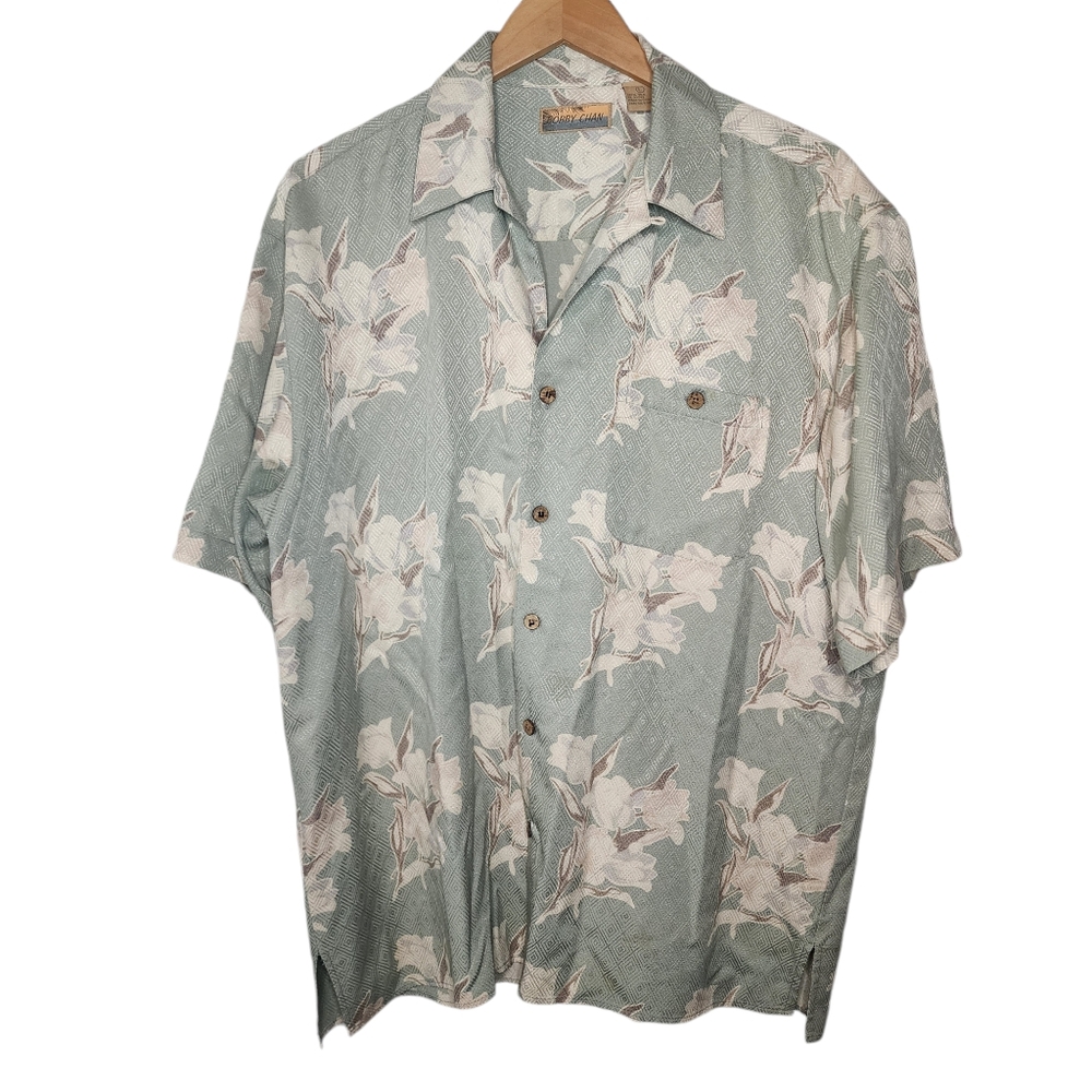 Bobby Chan Mens Large Green 100% Silk‎ Floral Vintage Hawaiian Button Up Shirt